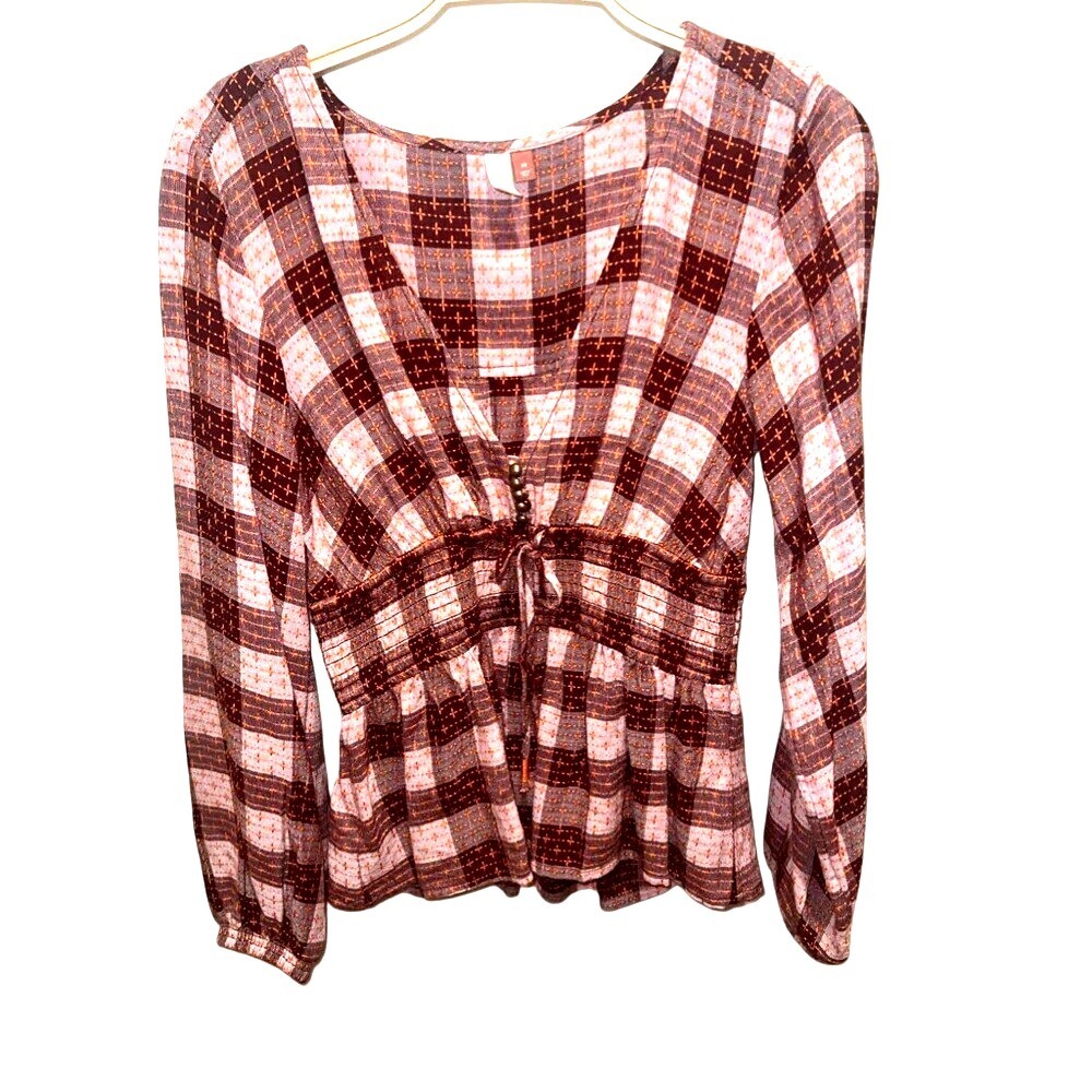 Anthropologie Pilcro Plaid Maroon Boho Tie Ruched Waist XS Wool Blend Speing